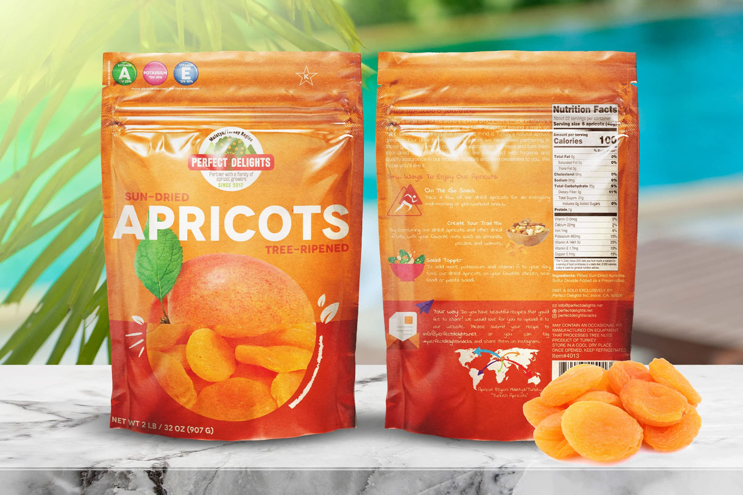 Perfect Delights Sun-Dried Turkish Apricots, Vegan & Healthy Fruit Snack for Kids and Adults - Single Pack (32 oz)