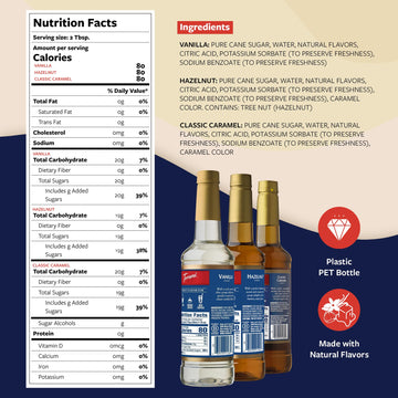 Torani Syrups, Classic Caramel, Hazelnut, And Vanilla Syrup Variety 3-Pack, Coffee Syrups For Drinks, Pumps Included, 25.4 Fl Oz