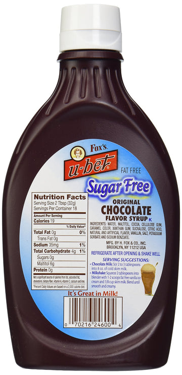 FOXS U-BET Sugar Free Chocolate Flavor Syrup, 18 oz, 1.12 lb, Original