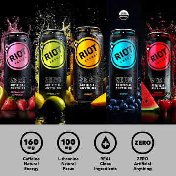 teaRIOT RIOT Clean Energy Drink Variety Pack, Natural Ingredients, 16 Fl Oz, No Sugar Added, Pack of 12