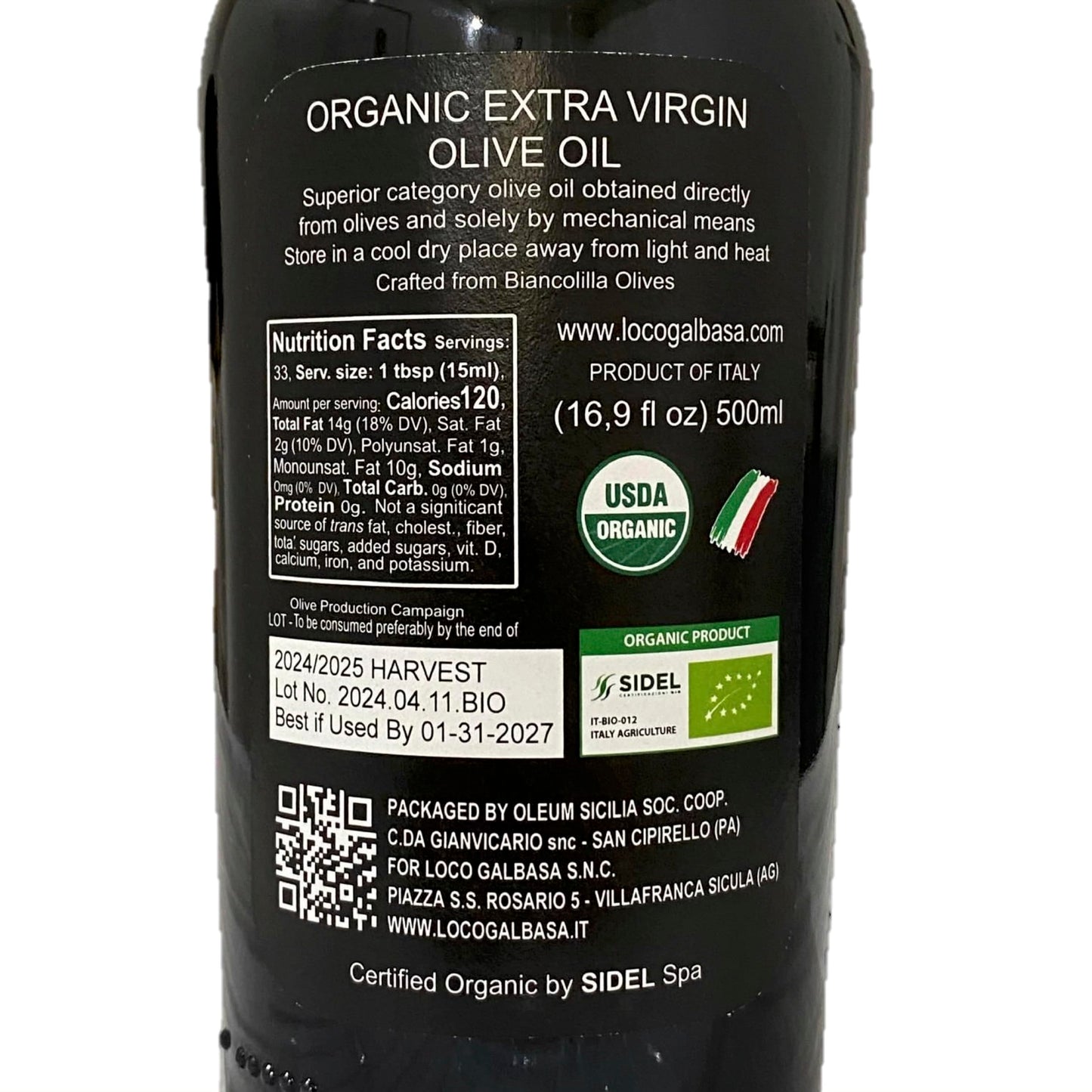 Galbasa - Organic Olive Oil From Sicily, Italy - Extra Virgin, First Cold Pressed, Early Harvest - Polyphenol Rich, Peppery Finish, No Pesticides - 16.9 Fl Oz