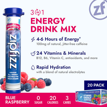 Zipfizz Daily Energy Drink Powder, Sugar-Free Electrolyte, 20 Pack, 0.39 oz each, Blue Raspberry, Contains Vitamin B-12 & Antioxidants