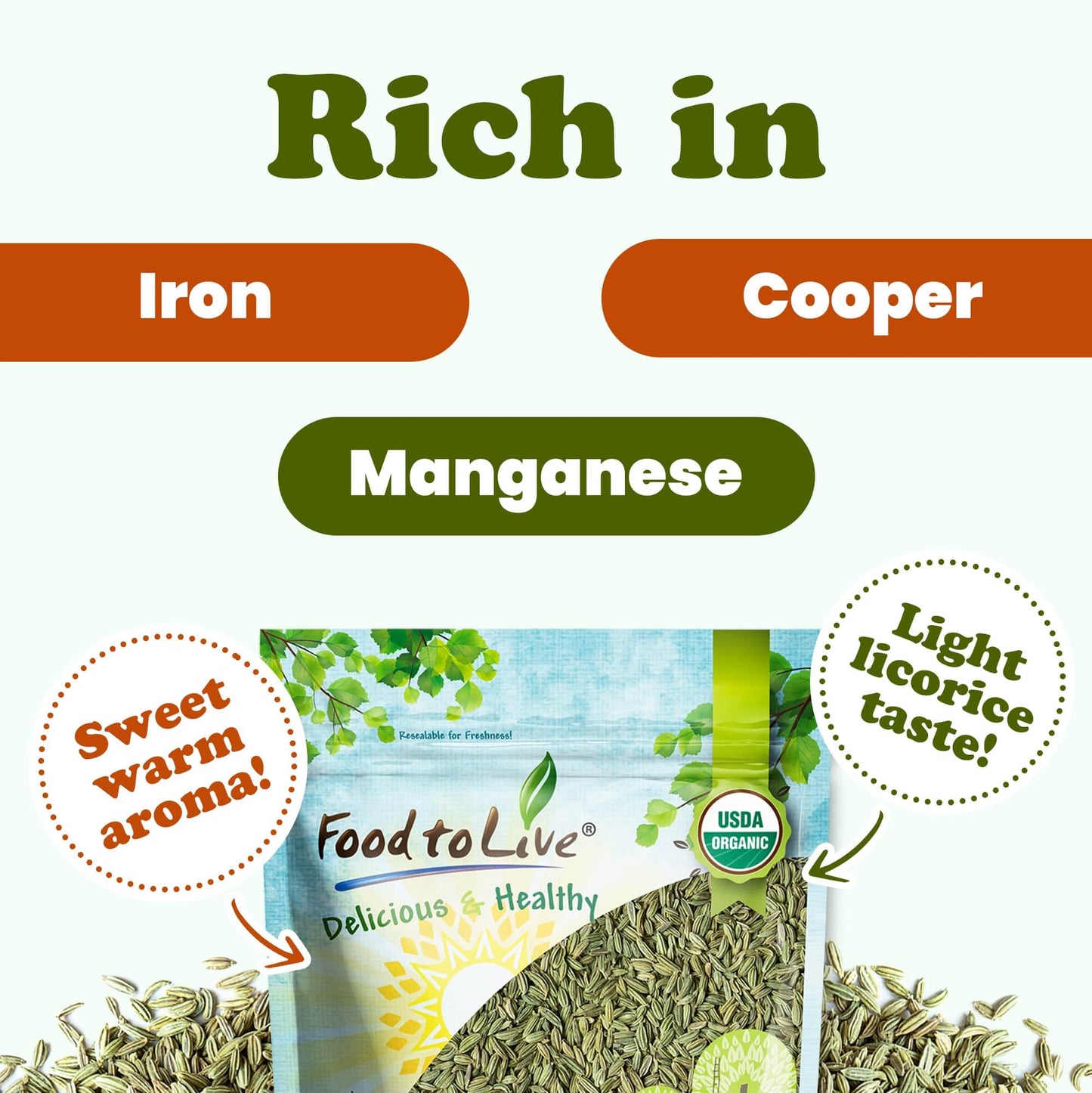 Food to Live Organic Fennel Seeds - Non-GMO, Kosher, Vegan, 8 Ounces