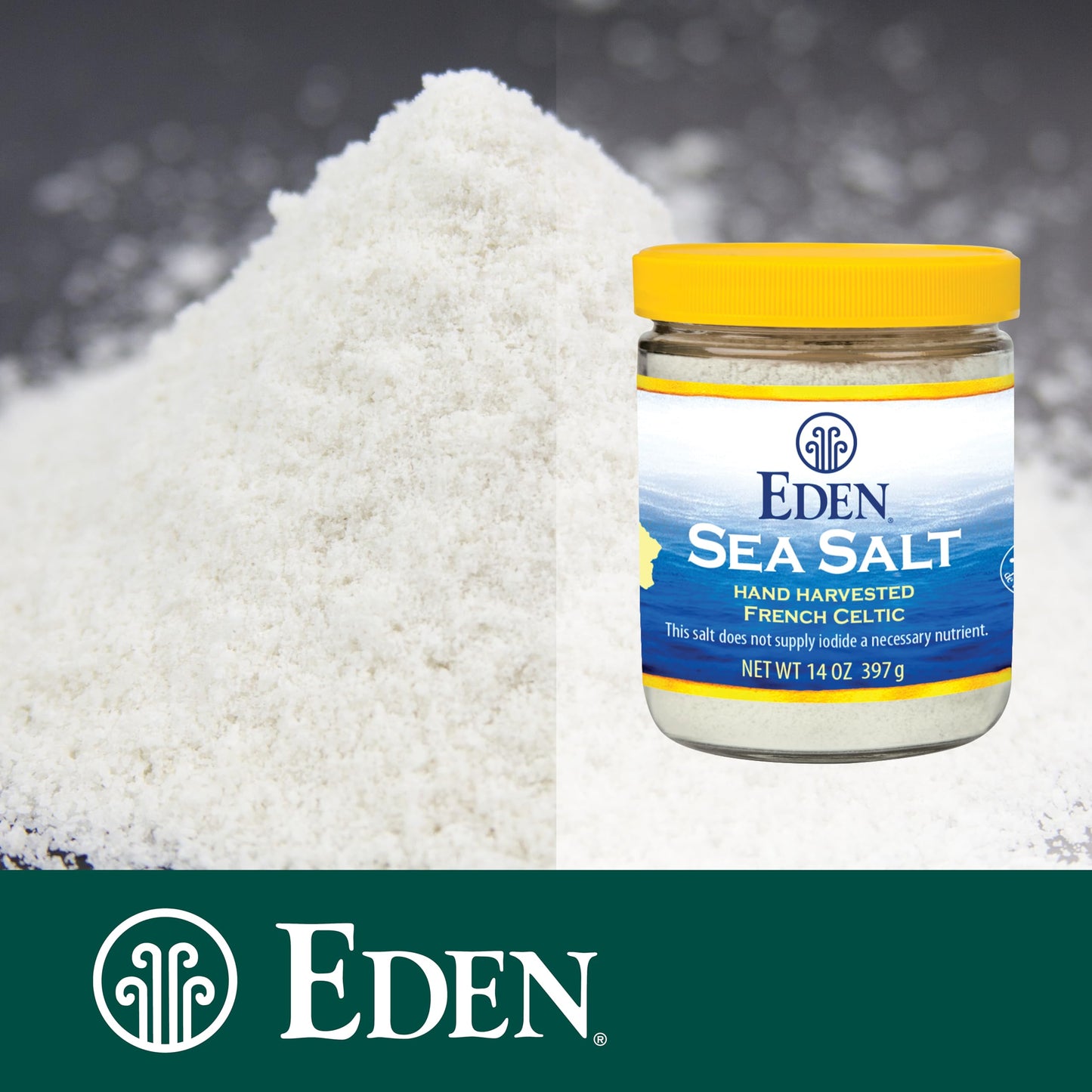 Eden Sea Salt, Hand Harvested French Celtic, Stone Ground (Fine), 82 Trace Minerals, Unrefined, Glass Jar, 14 oz