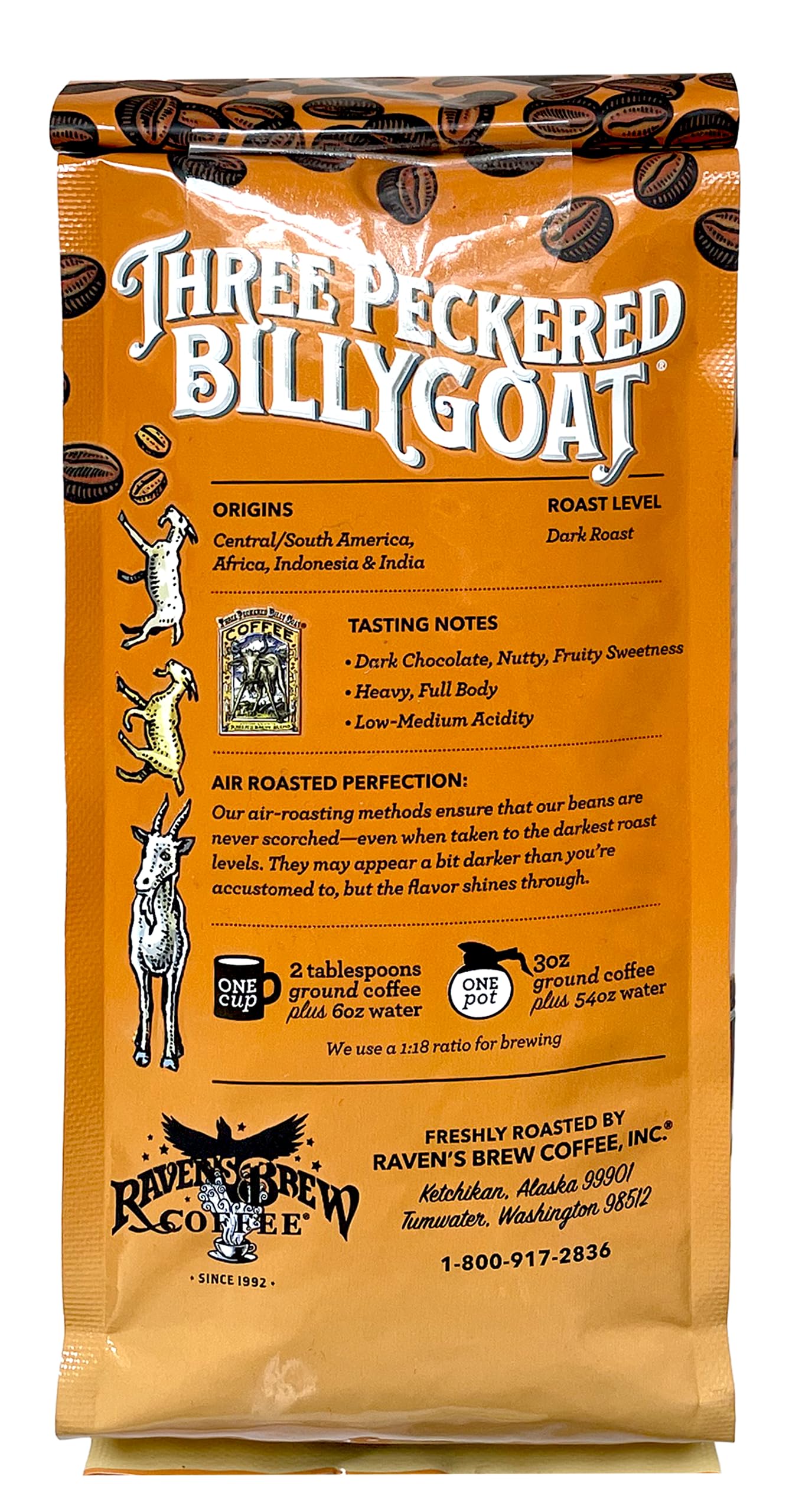Ravens Brew Coffee Three Peckered Billy Goat, 12 Ounce - Dark Roast - Full Body with a Long Sweet Finish (Organic Ground, 12 oz