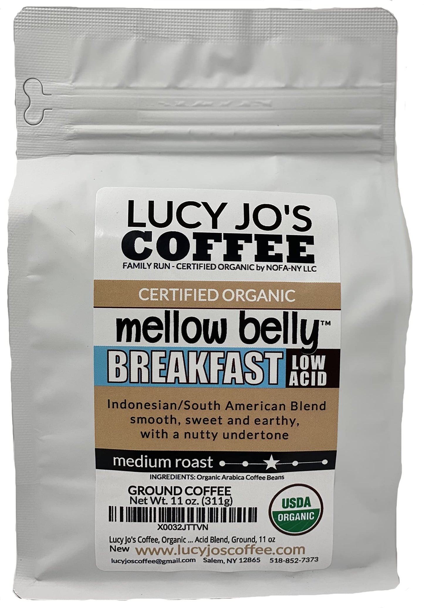 Lucy Jos Coffee Organic Mellow Belly Breakfast Low Acid Blend Ground Coffee, Medium Roast, 11 oz