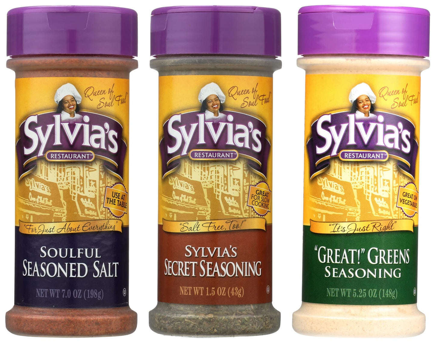 Sylvia's Seasoning Variety Pack - 3 The Sylvias Way! (Great! Greens Seasoning 5.25oz, Soulful Seasoned Salt 7oz, Secret Seasonin