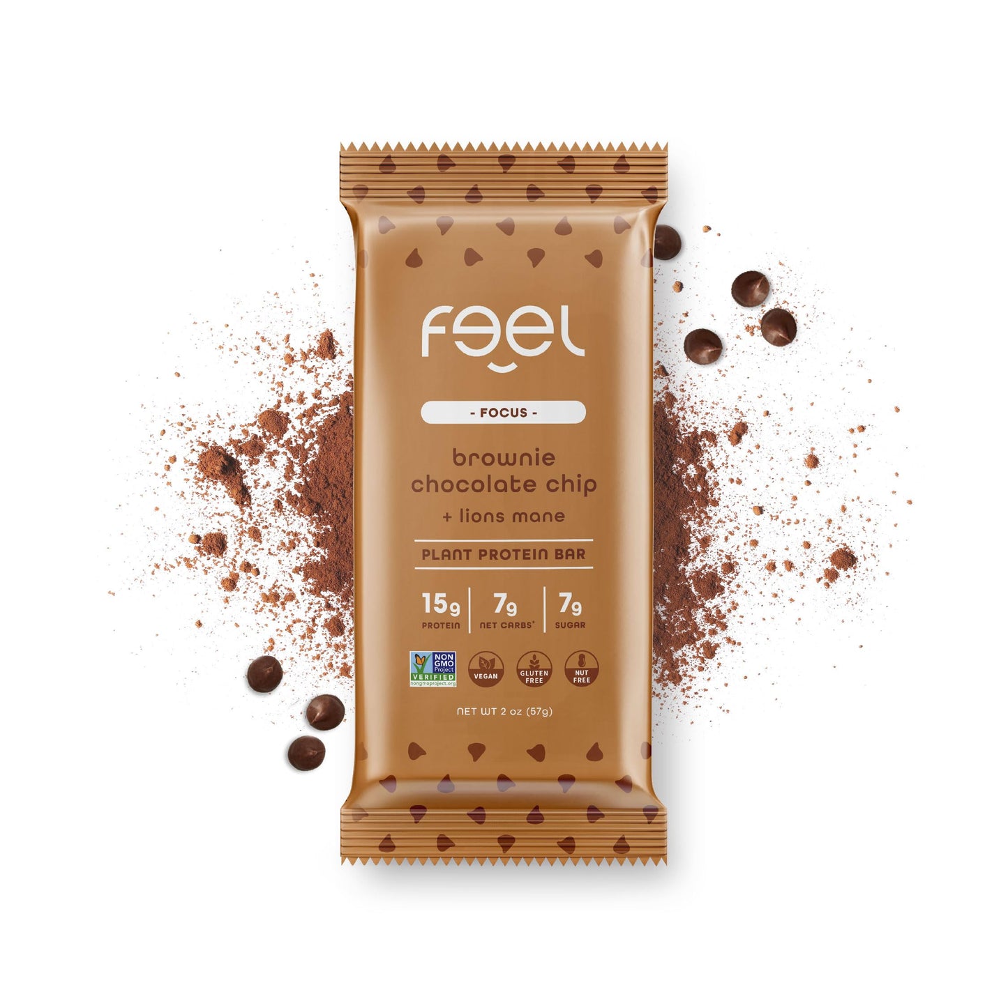Feel Vegan Protein Bars | Brownie Chocolate Chip | Keto | Gluten Free | Organic | Lions Mane | 15g Plant Protein | Low Carb | Hi