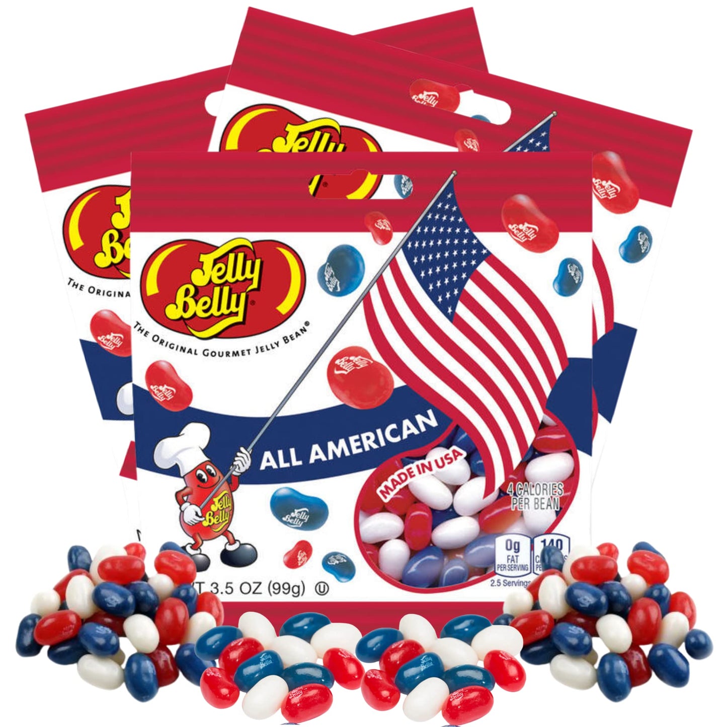 Needzo Red, White, And Blue Fruit Flavored Jelly Beans, American Mix Shareable Candy, Gourmet Chewy Candies For 4Th Of July And Birthday Parties, Pack Of 3 (Red White Blue)