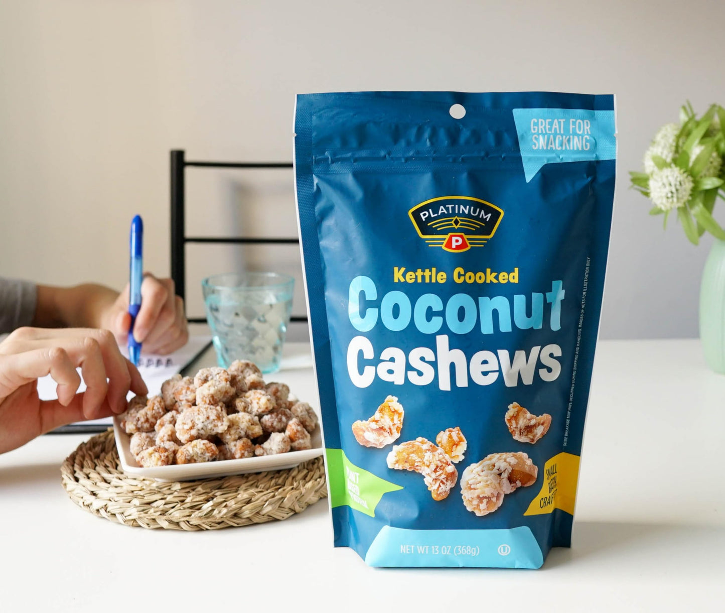 Platinum Kettle Cooked Coconut Cashews - Plant Based Protein, Fiber, Healthy Snack - Wholesome Nutritional Boost - Can Bring At Home, Work, Office, Gym & School - 13 Oz Individual & Resealable Pouch