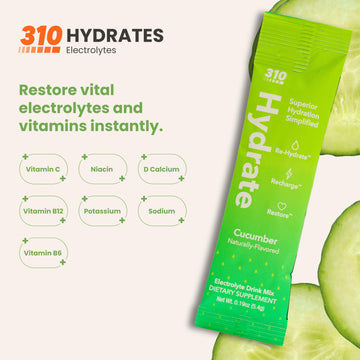 310 Hydrate Cucumber Electrolytes Powder Packets - No Sugar Hydration Packets With Key Vitamins & Minerals - Keto Friendly - Tas