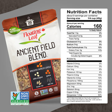 1 Pack X 14 Ounces Ancient Field Blend, Wild Rice Blend With Sprouted Crimson Lentils, White Sorghum Grain, Quinoa And Brown Rice, Non Gluten, Non-Gmo, Kosher And Vegan - Floating Leaf