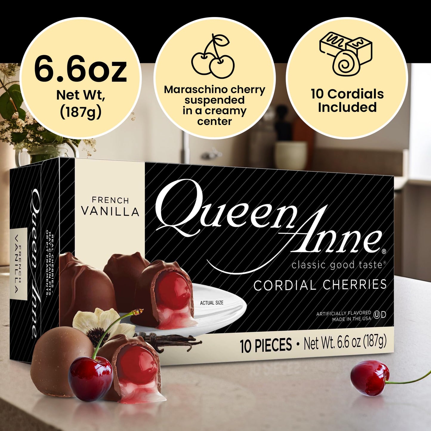Queen Anne French Vanilla Chocolate Covered Cordial Cherries | 6.6 Oz (Pack Of 12) | 10 Piece Gift Boxes | Whole Maraschino Cher