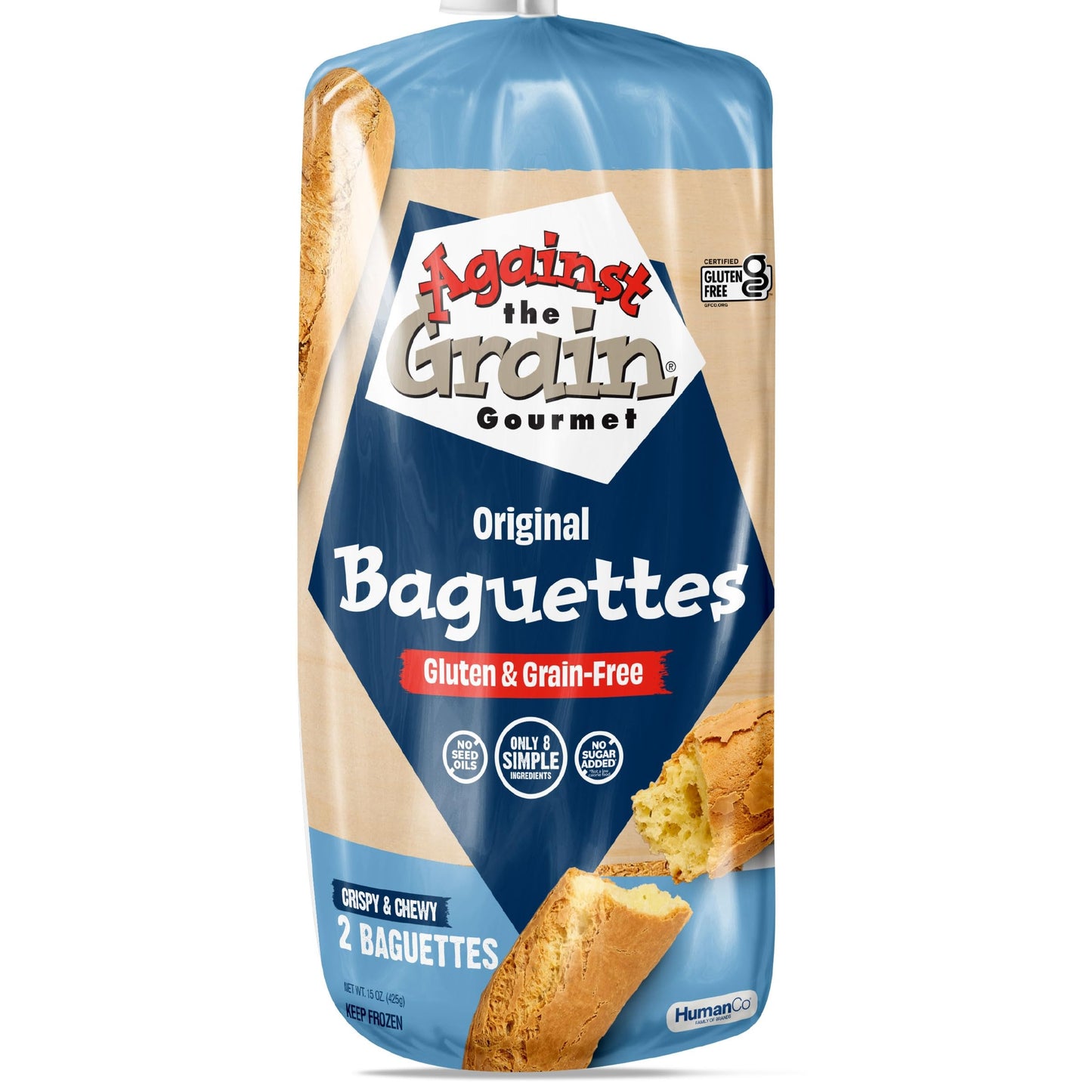Against the Grain Gluten-Free Original Baguettes, 15 oz, No Grains, Seed Oils or Preservatives; Frozen Bread, 2 Baguettes