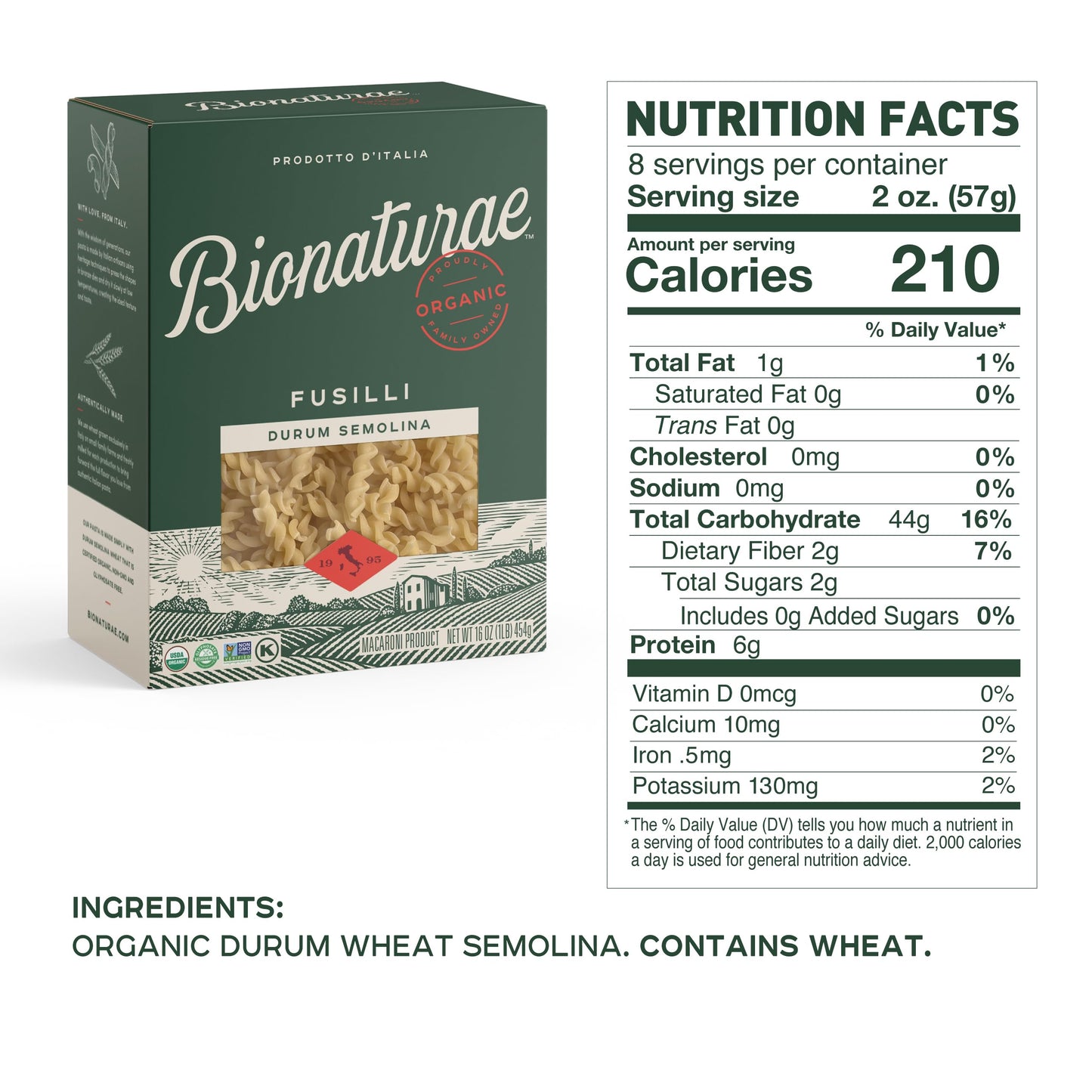 Bionaturae Fusilli Pasta Noodles - Durum Semolina Pasta, Kosher, High Protein, Non-Gmo Verified, Usda Certified, Durum Semolina