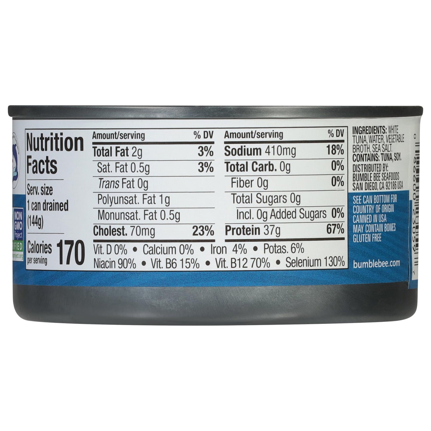 Bumble Bee Solid White Albacore Tuna In Water, 7 Oz Can - Wild Caught Tuna - 37G Protein Per Serving, High In Omega-3S - Non-Gmo