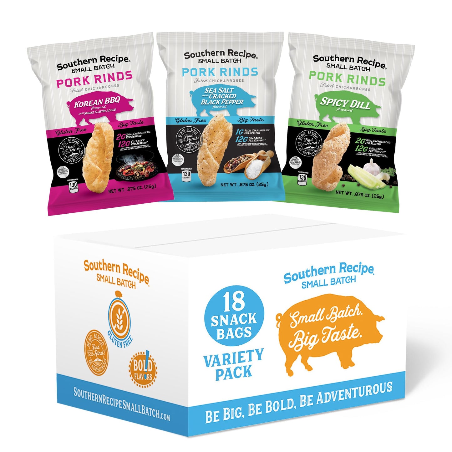 Pork Rinds Variety Pack | Salt & Pepper, Korean Bbq, & Spicy Dill | Southern Recipe Small Batch Chicharrones | Keto Friendly & L