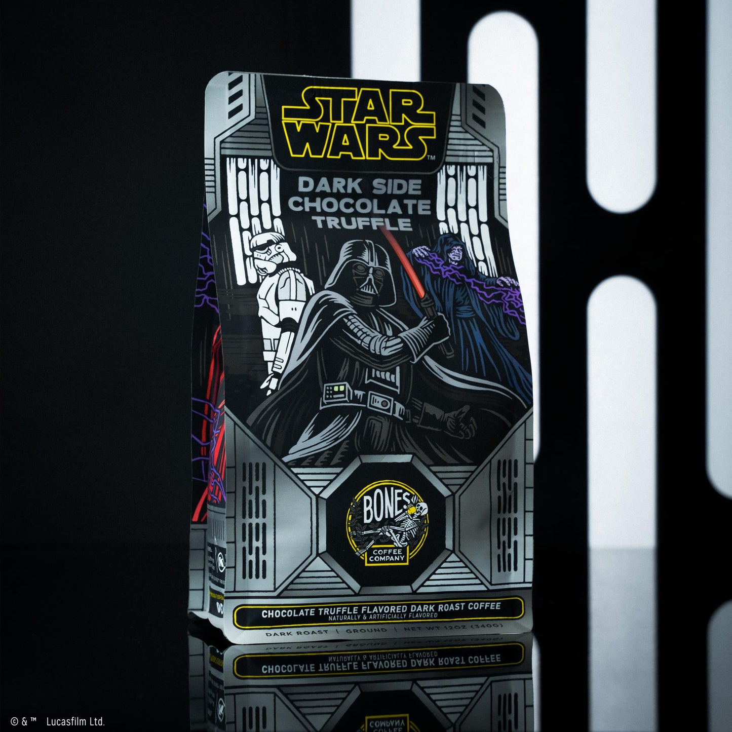 Bones Coffee Company Star Wars Dark Side Chocolate Truffle Flavored Coffee Beans, Whole Bean Coffee Dark Roast Low Acid, Chocolate Truffle Flavor (12 Oz)