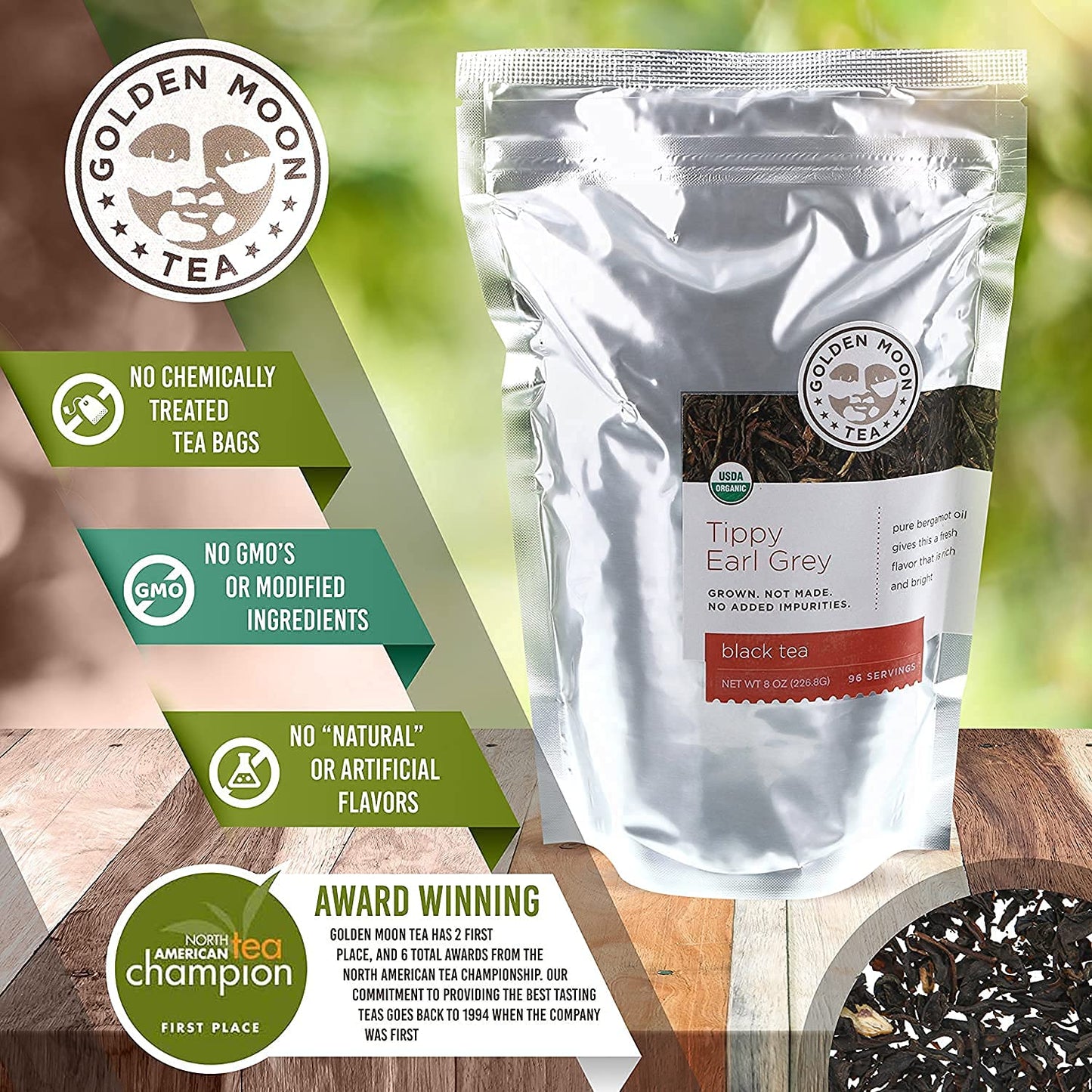 Golden Moon Tea Organic Tippy Earl Grey Black Tea - Real Bergamot Peels & Extract - Loose Leaf, Non-Gmo - 1 Pound (192 Servings)