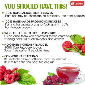 Lavendium Raspberry Leaf Tea Bags, 100% Natural, Caffeine-Free, Vegan, 60 Count