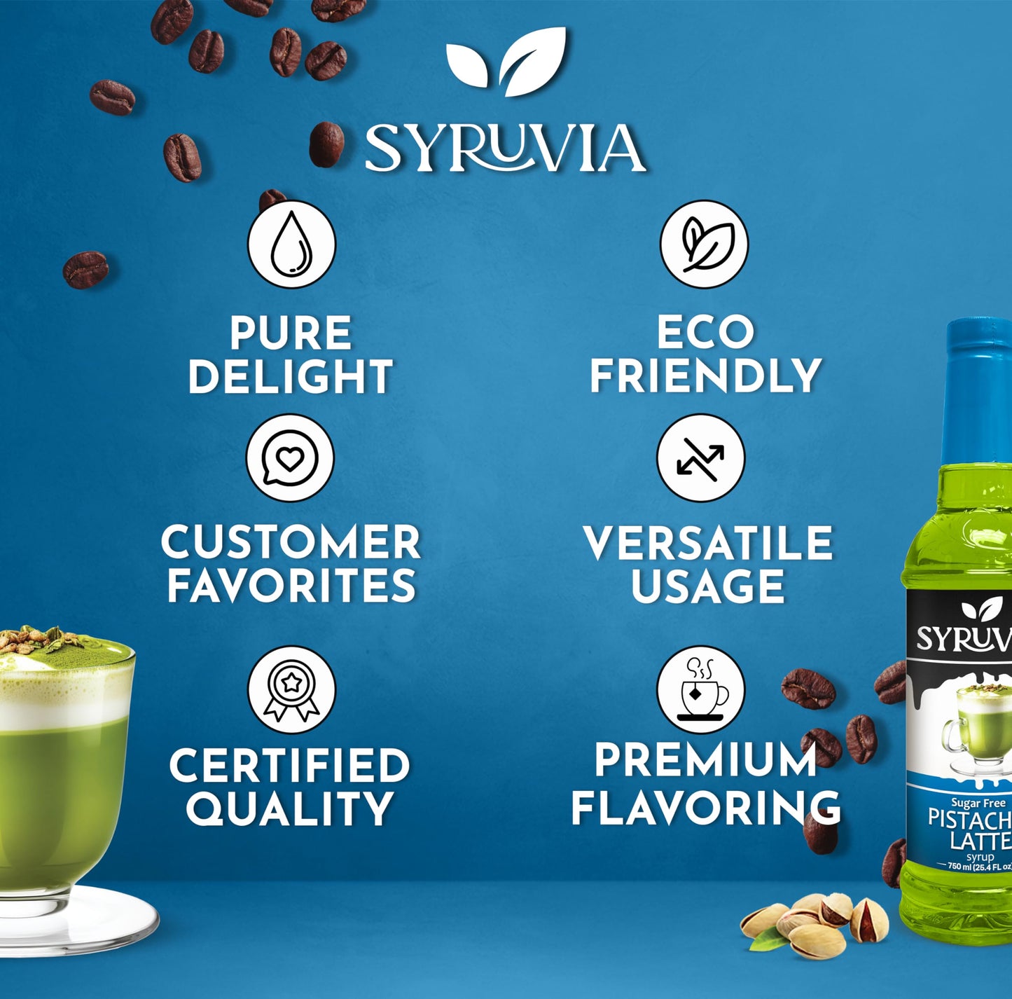 Syruvia Sugar-Free Pistachio Latte Syrup - 25.4 Fl Oz. Premium Coffee Flavoring Syrup. 0 Calories, Kosher, And Gluten-Free. Perf