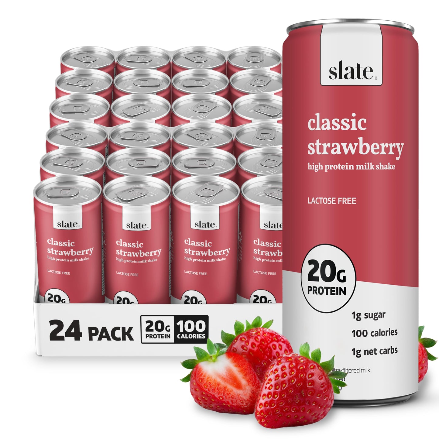 Slate Milk - High Protein Milk Shake - Classic Strawberry - Lactose Free 20G Protein 1G Sugar 100 Calories 1G Net Carbs No Added Sugar - Natural Breakfast Boost Post Workout - 11 Fl Oz 24 Cans