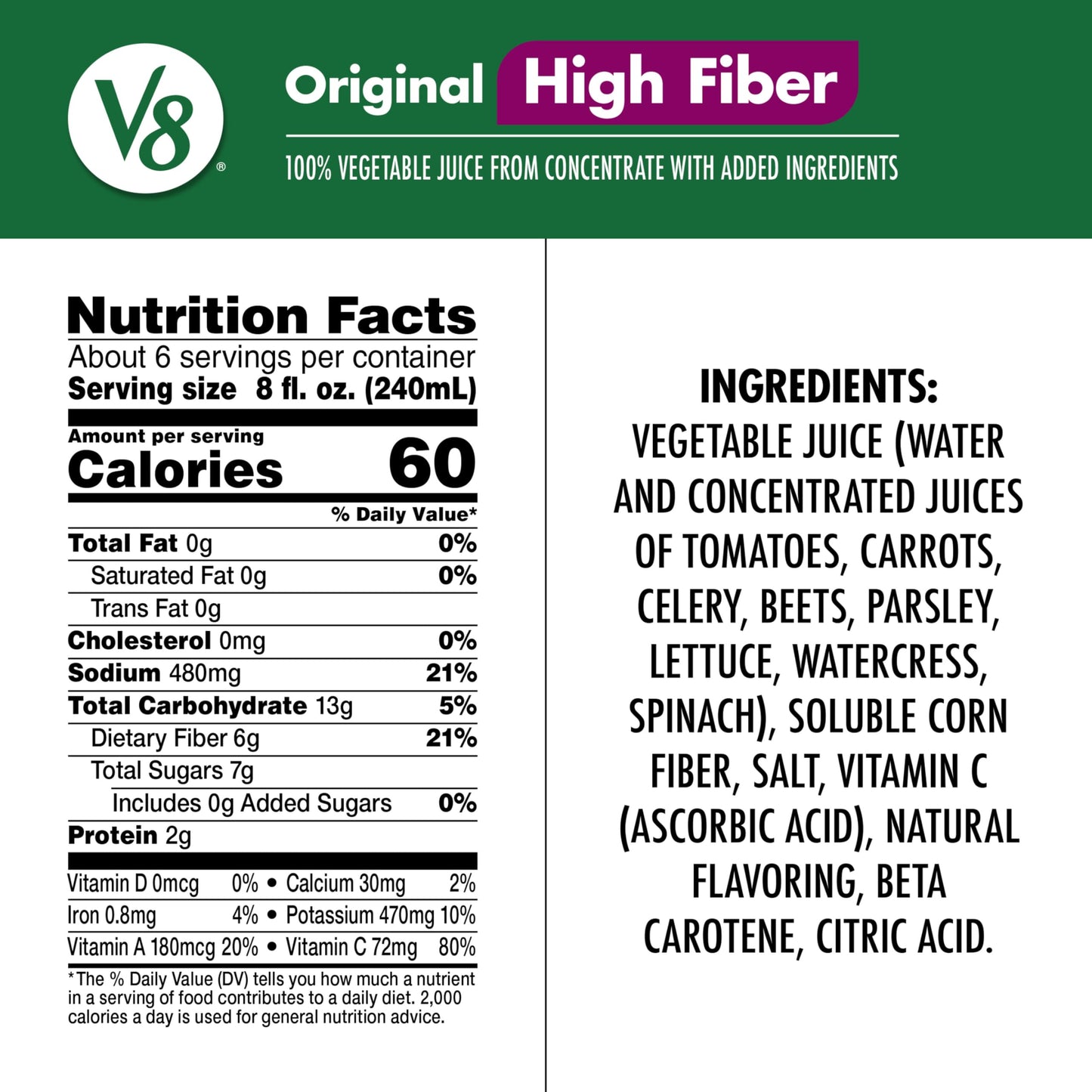 V8 High Fiber Original 100% Vegetable Juice, 46 fl oz Bottle (6 Pack)