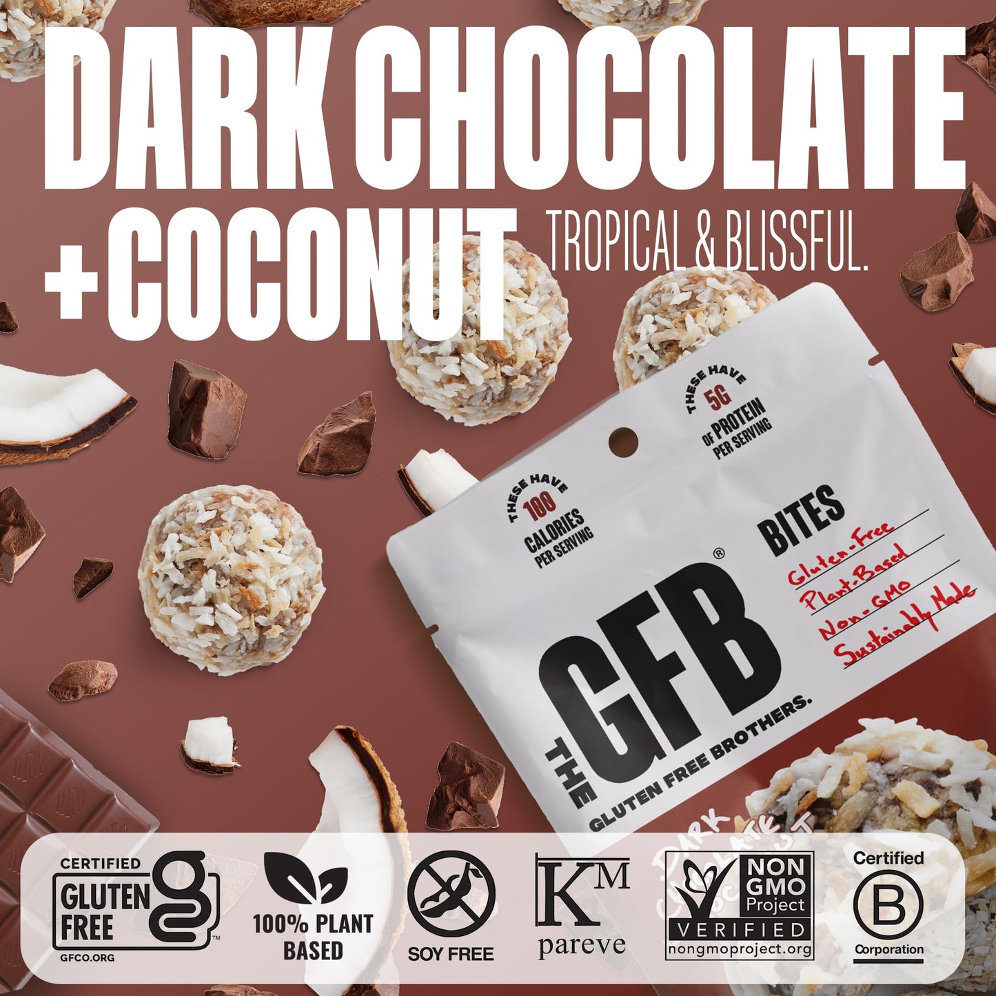 The GFB Dark Chocolate Coconut Protein Bites - Gluten Free, Plant Based, Non GMO, Sustainably Made - Ridiculously Tasty, Healthy