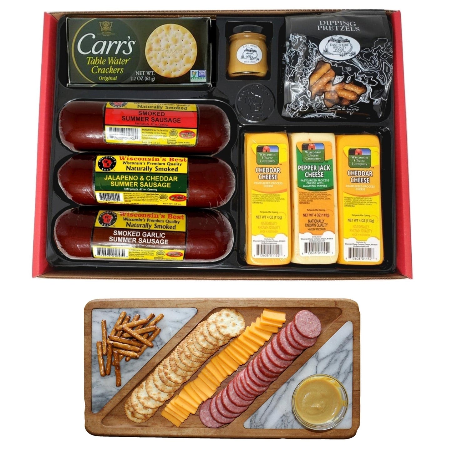 Party Gift Basket - Features Smoked Summer Sausages 100% Wisconsin Cheeses ers Pretzels & Mustard | Perfect for Tailgating