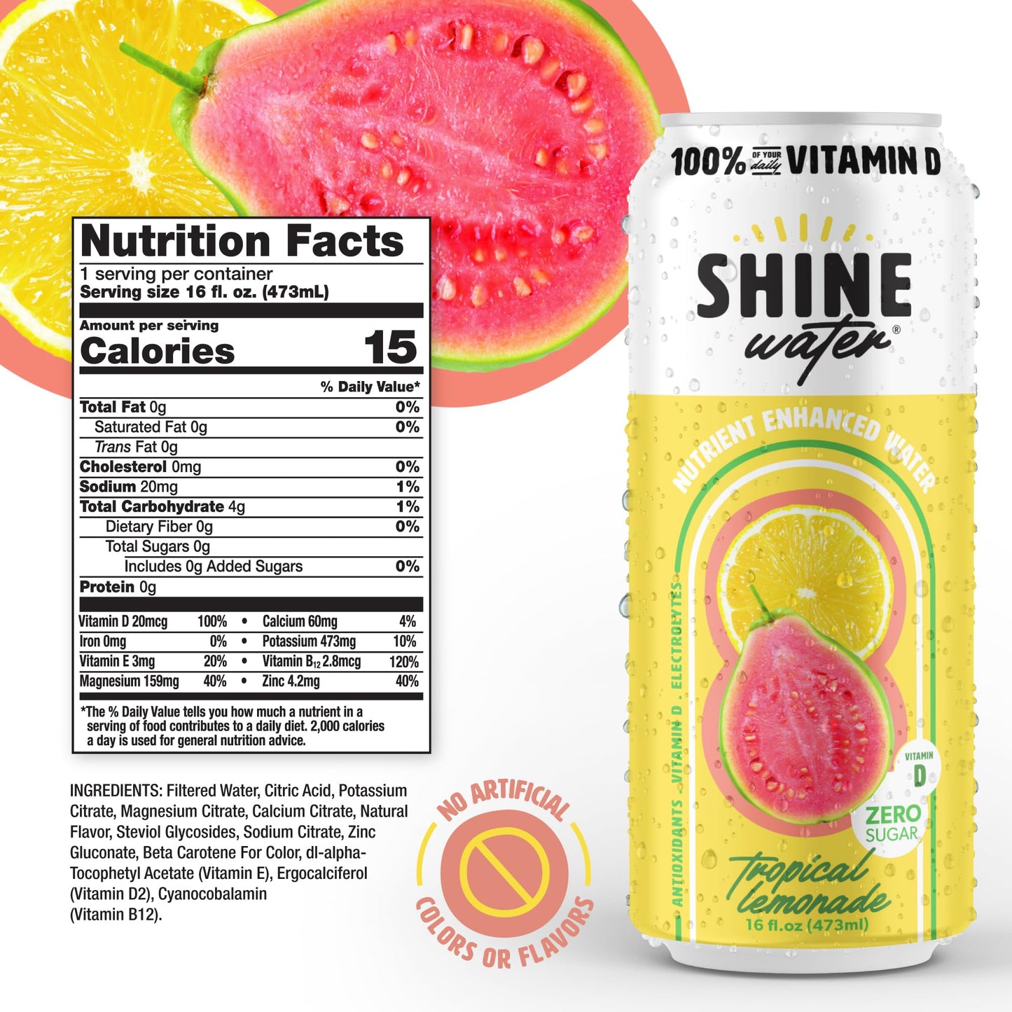 ShineWater Electrolyte Drink - Sugar-Free Tropical Lemonade - 16 Fl Oz (Pack of 12) - Plant-Based, Low Calorie, with Vitamins and Minerals