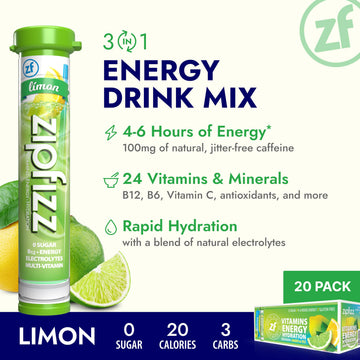 Zipfizz Daily Energy Drink Powder, Sugar-Free Electrolyte, 20 Pack, 0.39 Ounce Each, Limon Flavor