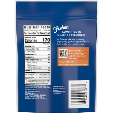 Fisher Peanuts Roasted Unsalted Nuts, 5.15 oz, Gluten Free, Vegan, Healthy Snack, Resealable Bag, Brown