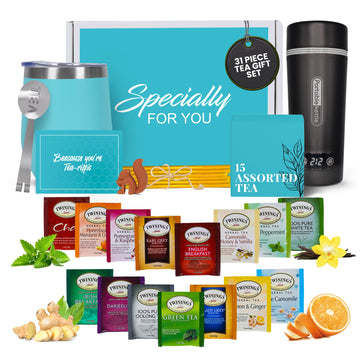 Mothers Day Gifts for Mom Gift Set with Kettle - 31-Piece Sampler for Tea Lovers with Insulated Mug, Gourmet Blends & Accessorie
