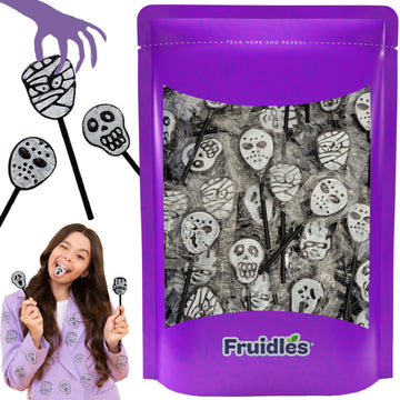 Fruidles Halloween Tattoo Lollipop, Skulls, Mummies, And Ghosts Suckers Candy, Great For Halloween Goody Bag Fillers, Individually Wrapped (1 Pound - Approx. 50 Suckers)