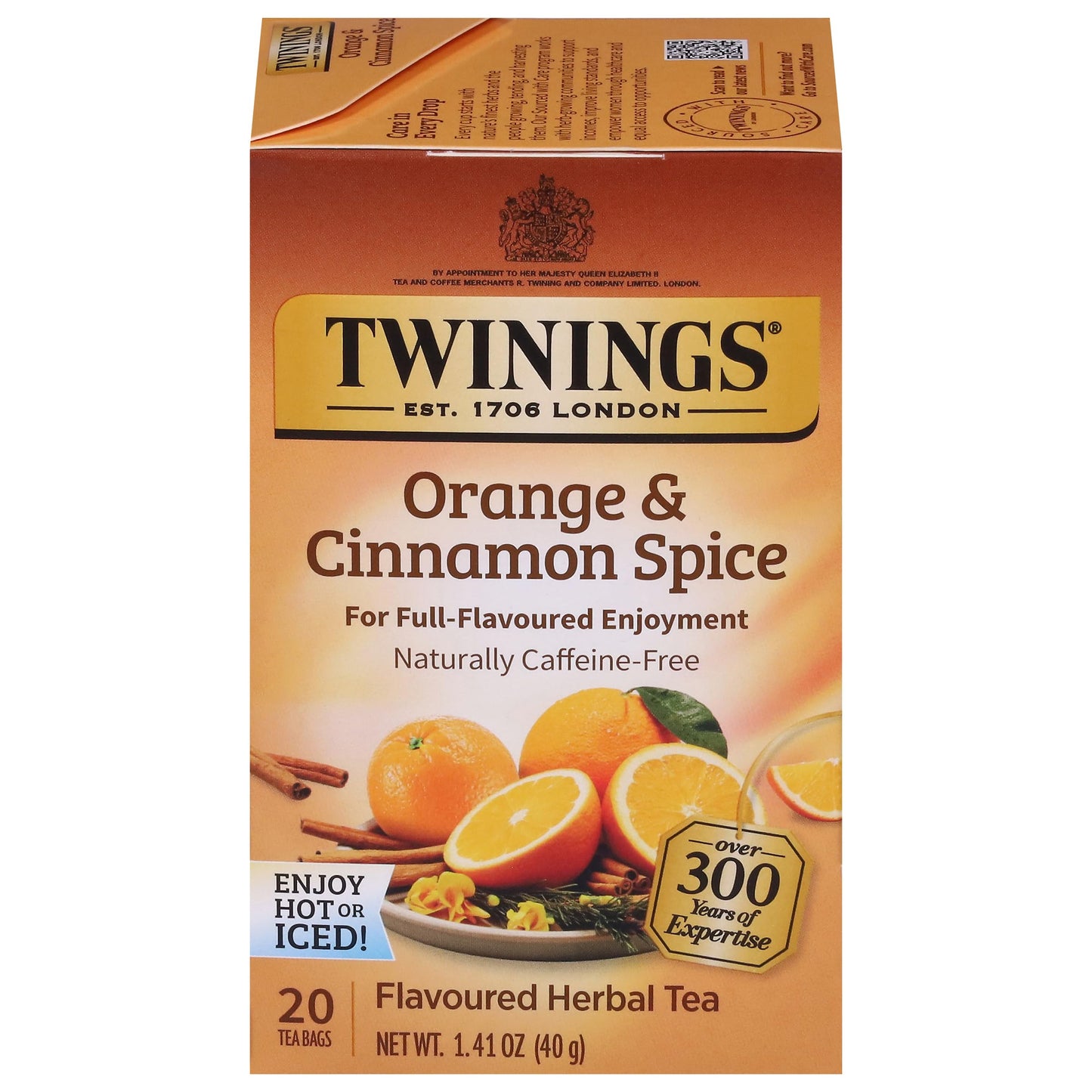 Twinings Orange & Cinnamon Spice Herbal Tea Individually Wrapped Bags 20 Count (Pack Of 1) Naturally Energy Blend-Free Enjoy Hot Or Iced 20 Teabags