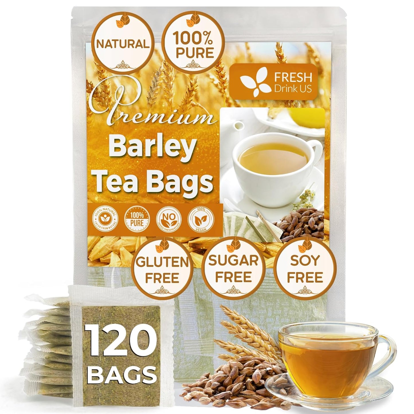 Premium Barley Tea Bags, 100% Natural & Pure from Barley. Loose Barey Herbal Tea. No Sugar, No Caffeine, No Gluten, Vegan.