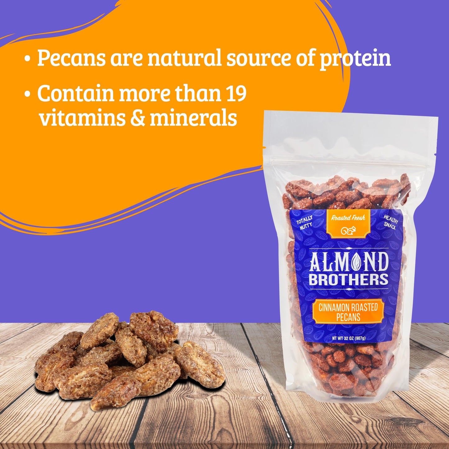 Almond Brothers Cinnamon Roasted Pecans - Gluten-Free, Non-Gmo, Candied Pecans, Gourmet Pecan Snack - 2 Lb Bag