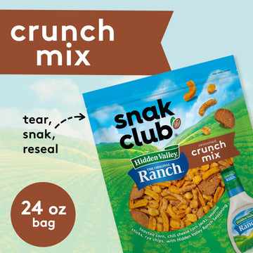 Snak Club Crunch Mix with Hidden Valley Ranch Seasoning Toasted Corn Chili Cheese Corn Jacks Sesame Sticks and Rye Chips Kosher Snack 24 oz Resealable Bag