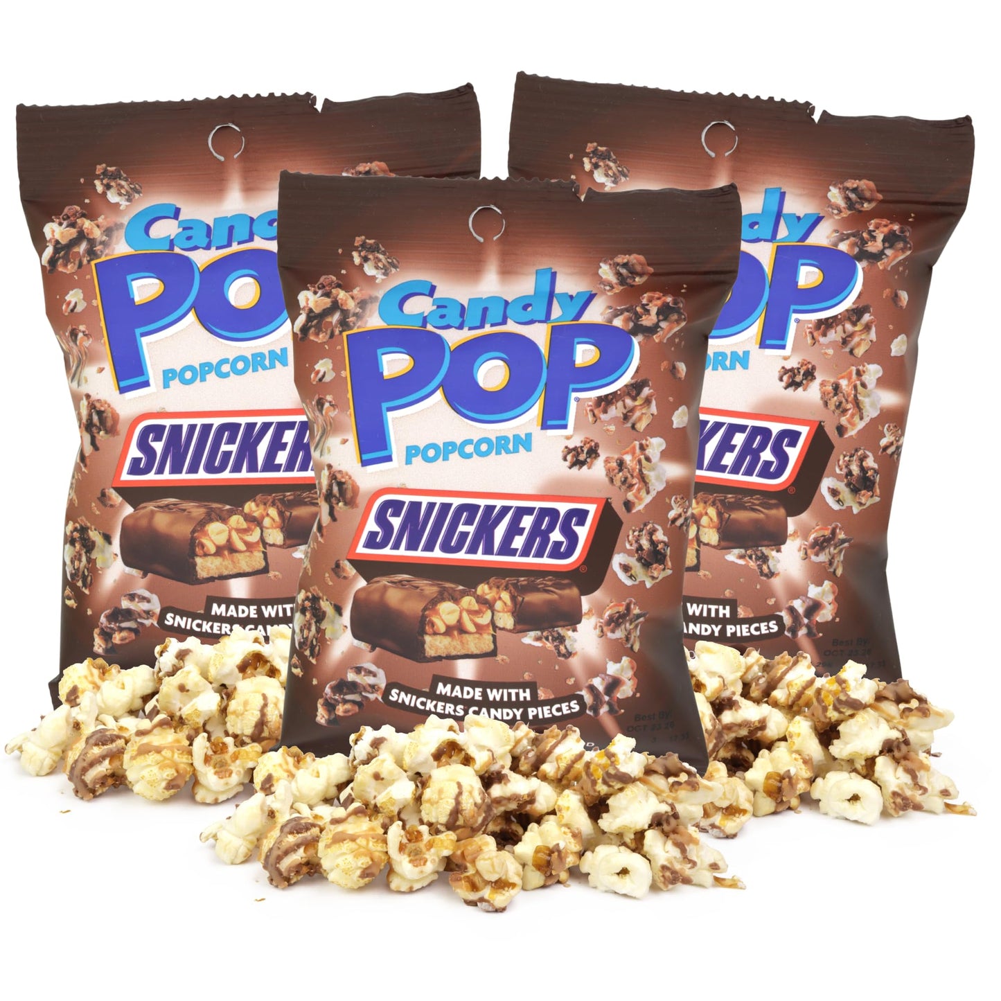 Snickers Candy Pop Popcorn, Sweet and Savory Treat with Candy Pieces, Movie Night Snack, 1 Ounces Each (Pack of 3)