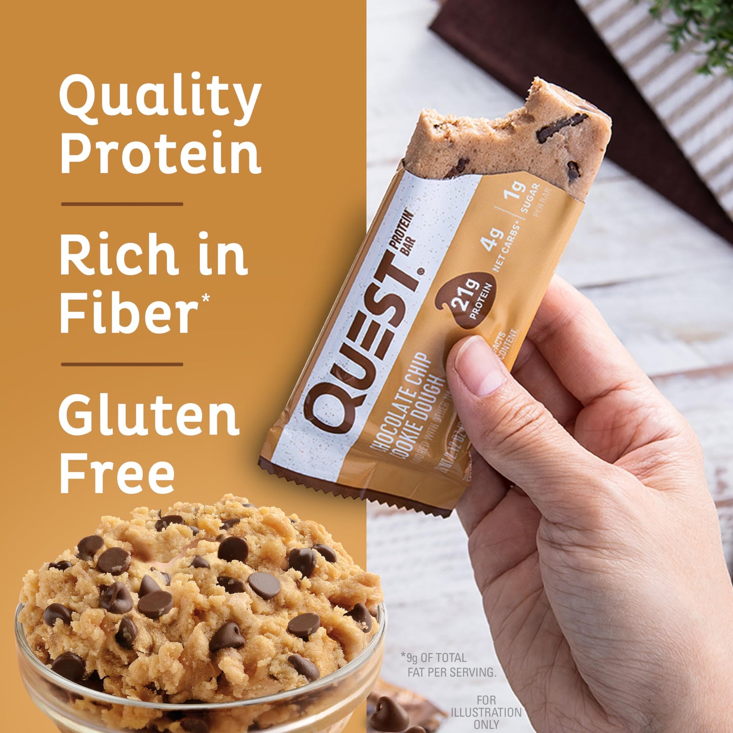 Quest Nutrition Chocolate Chip Cookie Dough Protein Bars, 21g Protein, 4, Net Carbs, 1g Sugar, Gluten Free, Keto Friendly, 4 Cou
