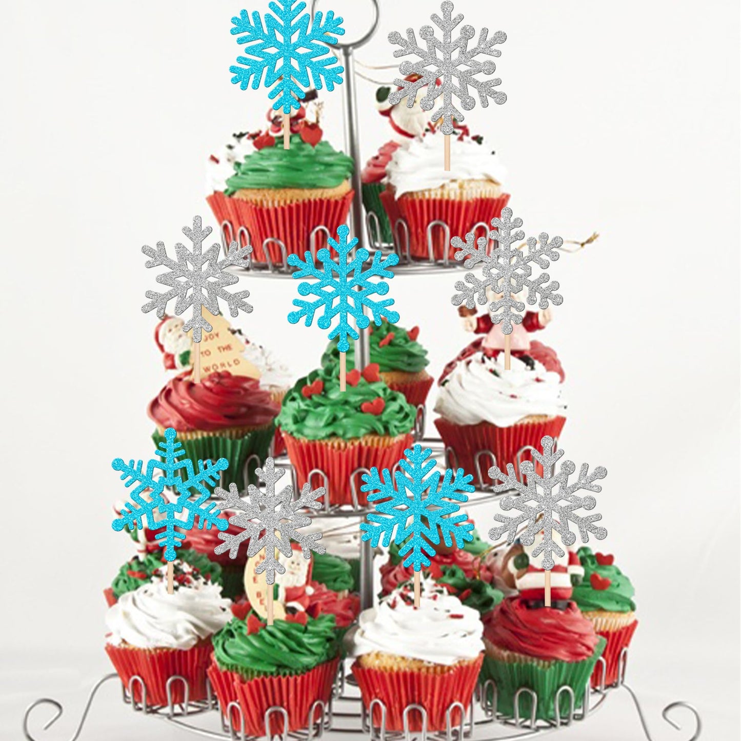 ZHUOWEISM 24 PCS Snowflake Cupcake Toppers Paper Winter Theme Decorations Silver Blue
