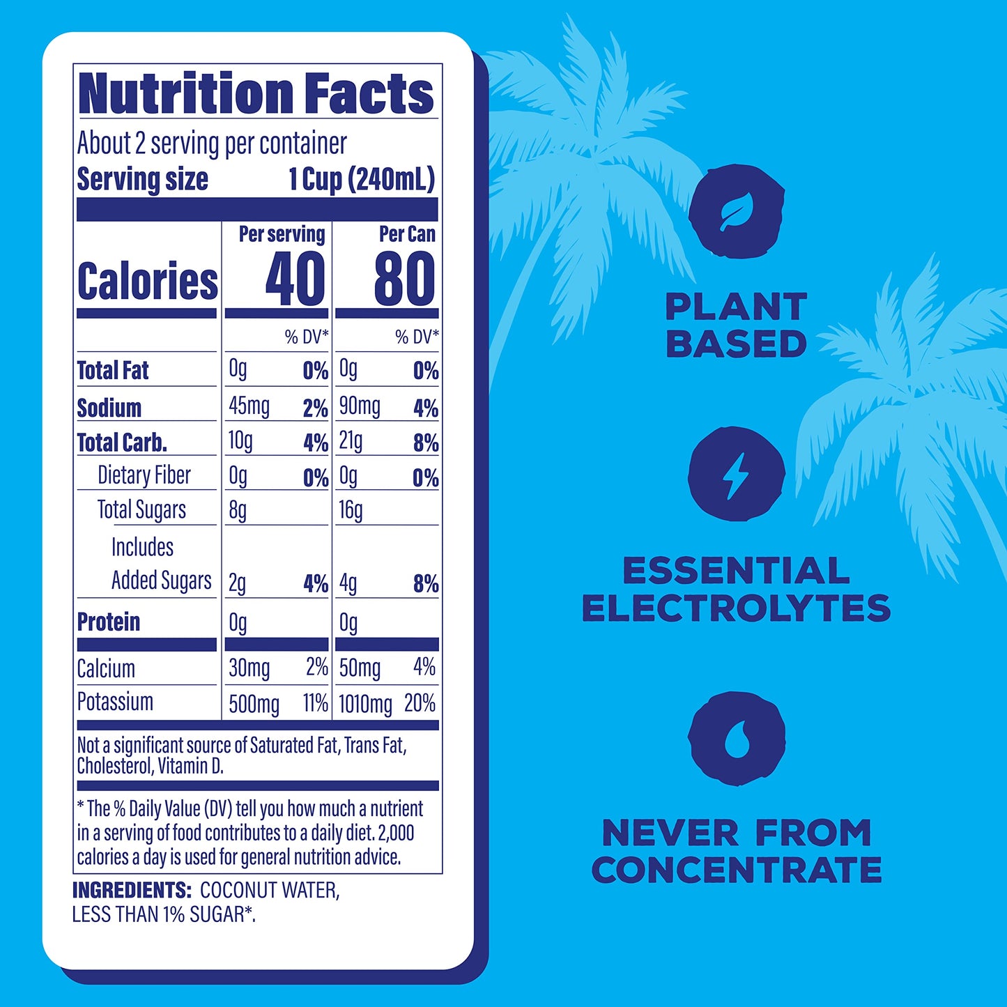 C2O - Coconut Water, The Original Flavor (8 Pack) - Made With Fresh Coconut Water - Plant Based - Non Gmo - Canned Water - Natural Hydration, Essential Electrolytes, & Potassium - 8 Cans, 16.3 Fl Oz