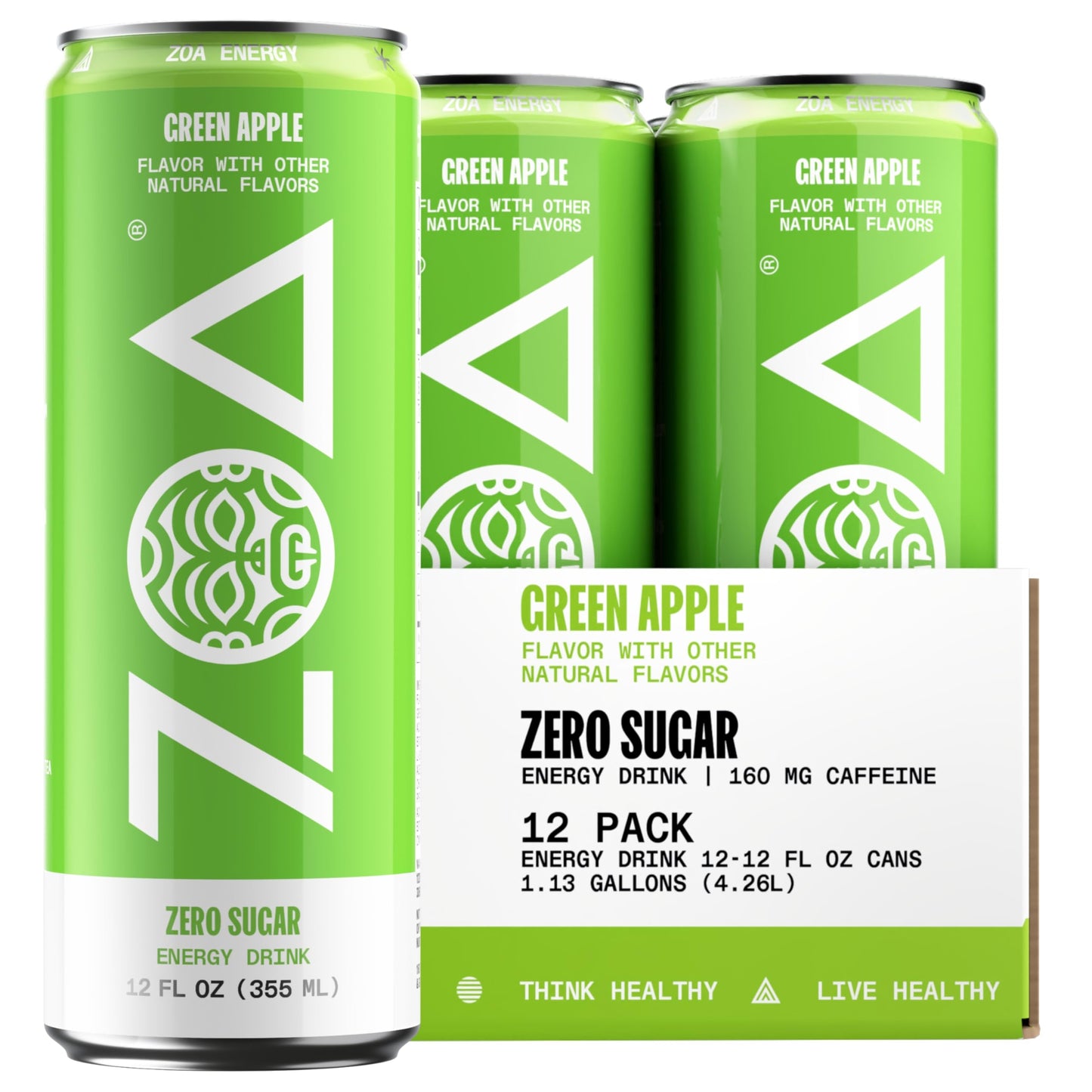 ZOA Zero Sugar Energy Drinks, Green Apple - Sugar Free, with Electrolytes, 12 Fl Oz (12-Pack)