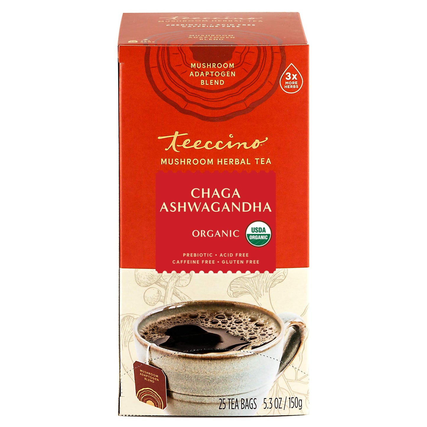Teeccino Mushroom Adaptogen Herbal Tea - Chaga Ashwagandha Butterscotch Cream - 25 Tea Bags (Pack of 3)