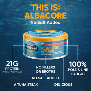 Wild Planet Albacore Wild Tuna, No Salt Added, Canned Tuna, Pole & Line Caught, 5 oz, Pack of 4, Packaging May Vary