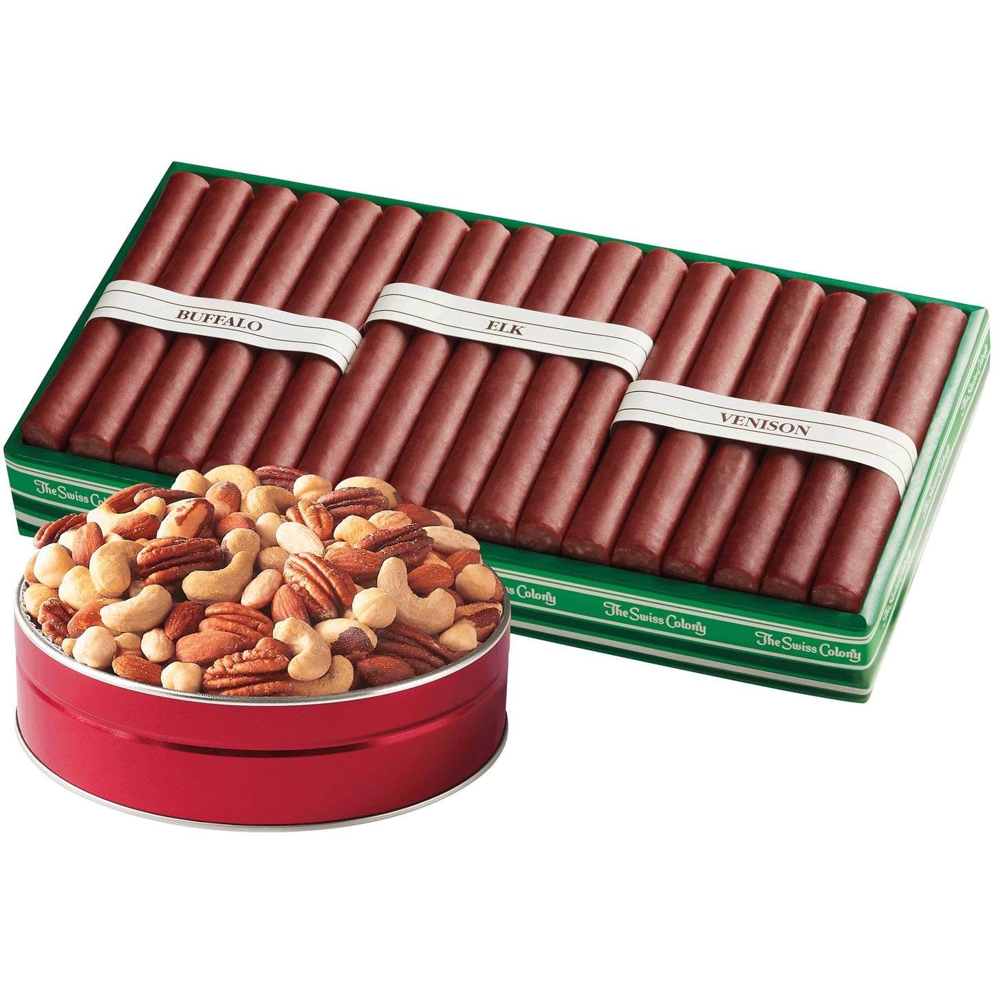 The Swiss Colony Top-Grade Mixed Nuts And Wild Game Meat Sticks Gift Bundle - Deluxe Mixed Nuts Exotic Variety Meat Sticks Package For Men 2 Lbs. 1 Oz. Net Wt.
