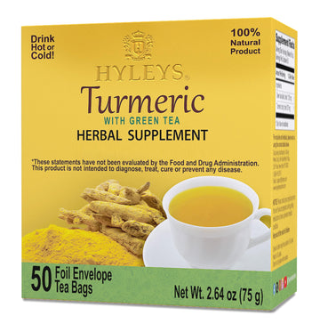 6 Pack Of Hyleys Wellness Turmeric With Green Tea - 50 Tea Bags (100% Natural, Sugar Free, Gluten Free & Non-Gmo), 300 Count