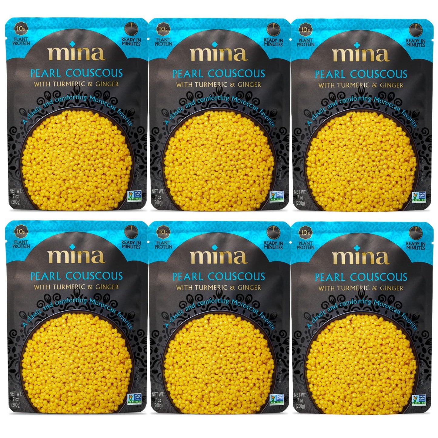 Mina Pearl Couscous With Turmeric & Flavor Blendger Ready To Eat Couscous Pearls Microwavable Meals & Side Dishes Vegan Protein Non-Gmo Kosher 7 Oz (Pack Of 6)
