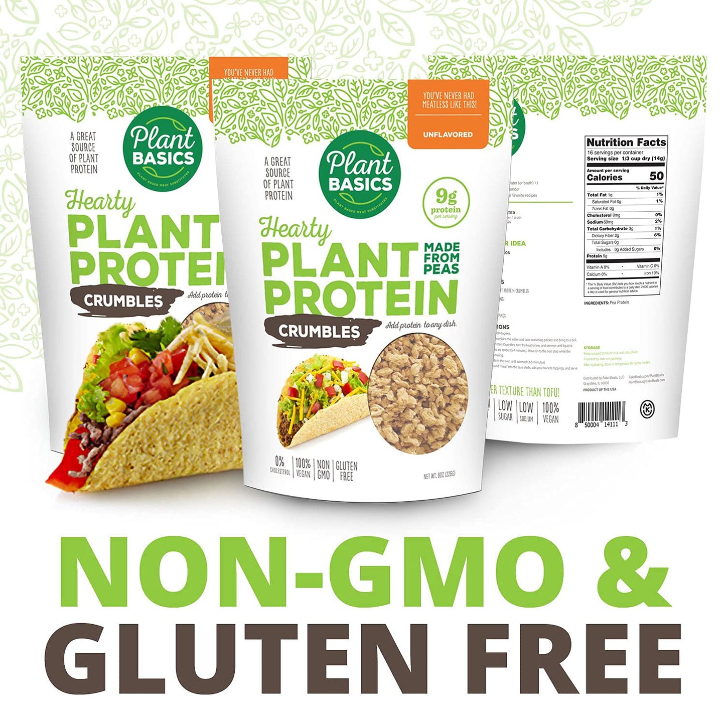 Plant Basics - Hearty Plant Protein - Unflavored Crumbles, 8 oz, Made from Peas, Non-GMO, Gluten Free, Low Fat, Low Sodium, Vega