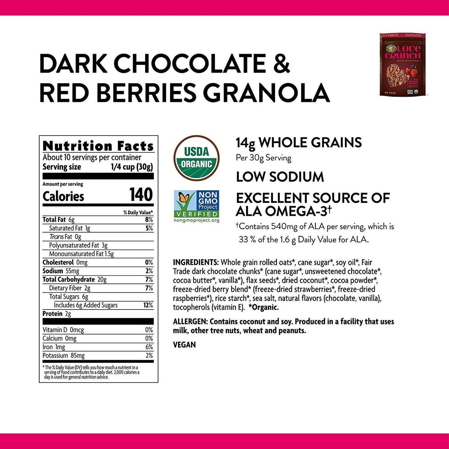 Love Crunch Organic Granola, Dark Chocolate & Red Berries, 11.5 Oz , Non Gmo, By Nature'S Path